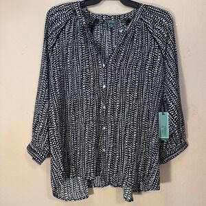 Terra & Sky Blouse Women 1X Black White Dot Button Up 3/4 Sleeve Top Boho NEW